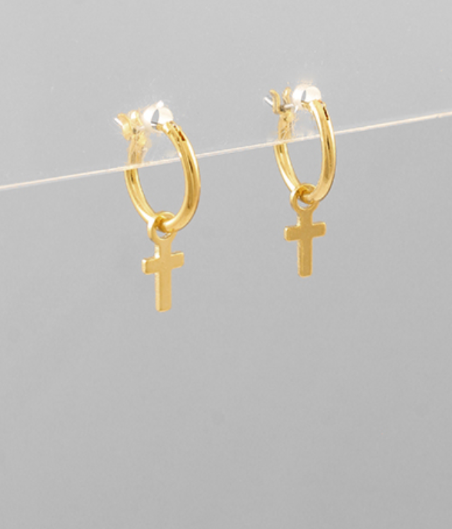 gold cross dangle hoops