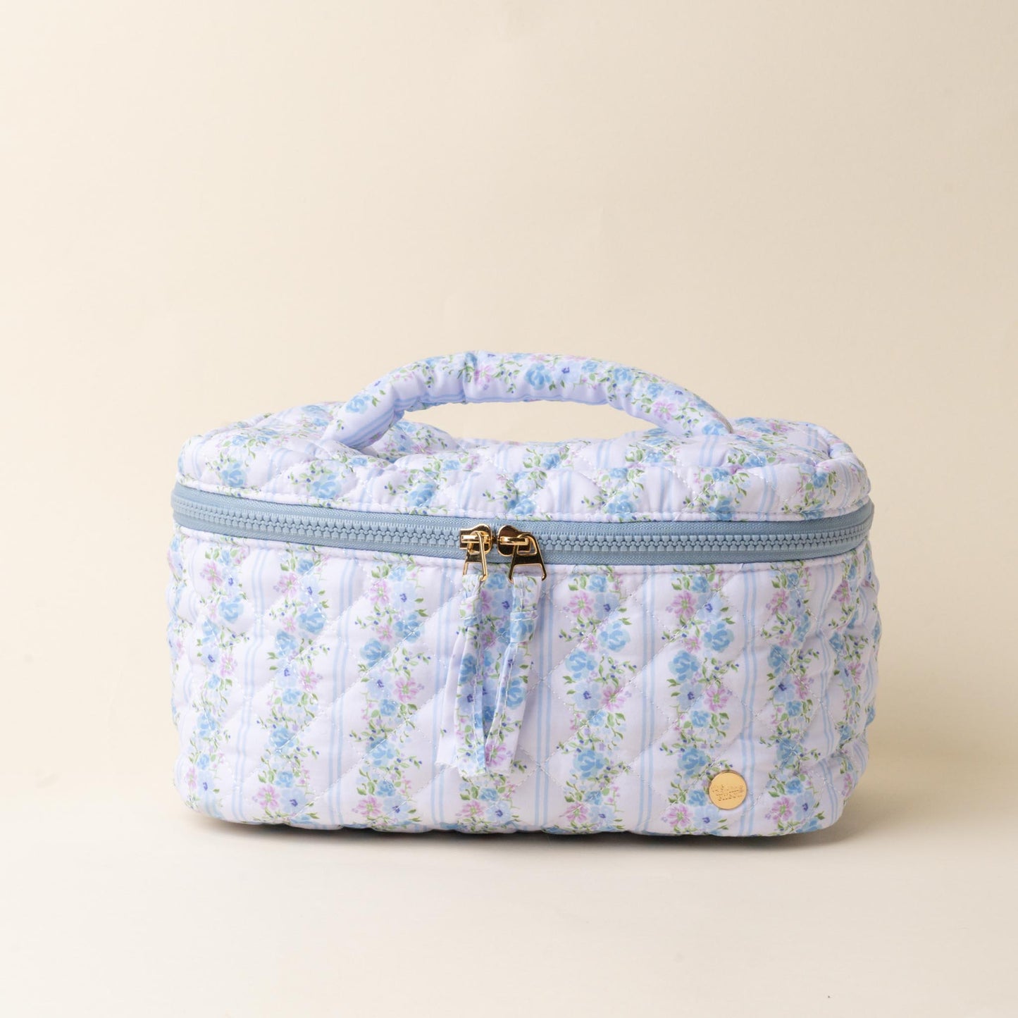 petal blue floral quilted makeup pouch