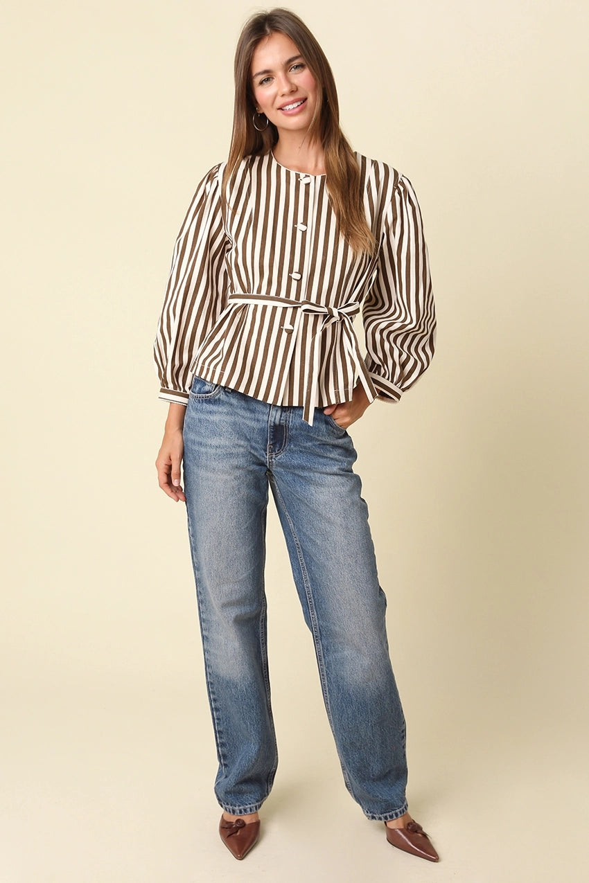 benica striped belted peplum blouse