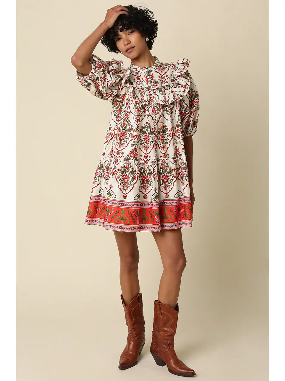 paisley ruffle mini dress