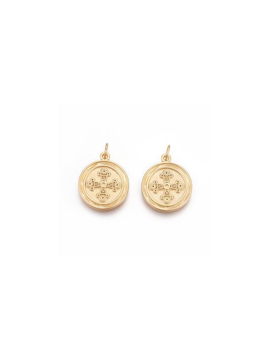 matte gold filigree cross disc charm
