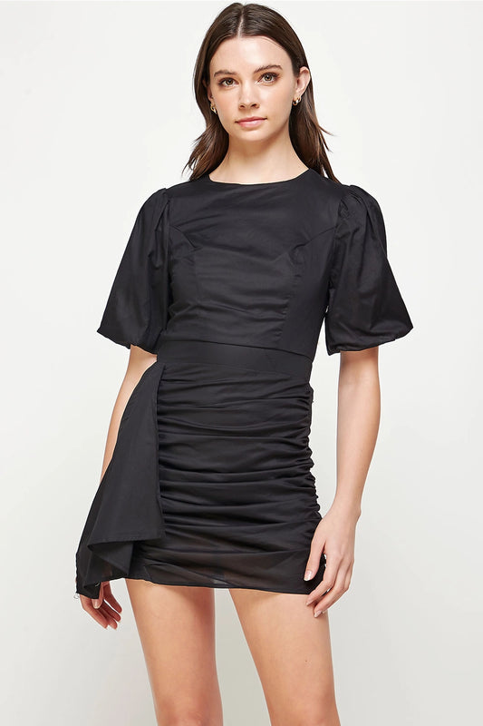 violet ruched puff sleeve dress