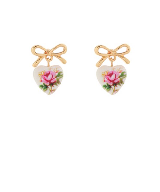 floral bow heart studs