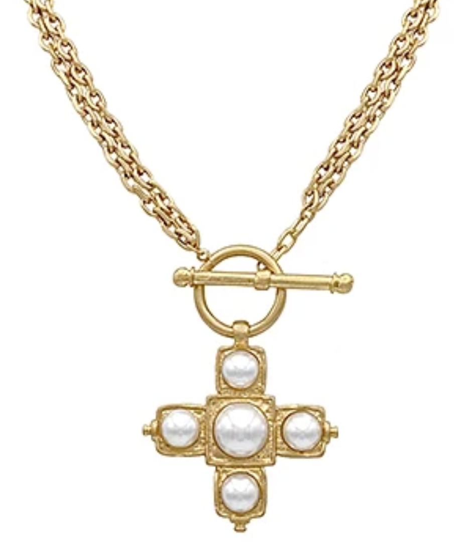 layered pearl cross necklace