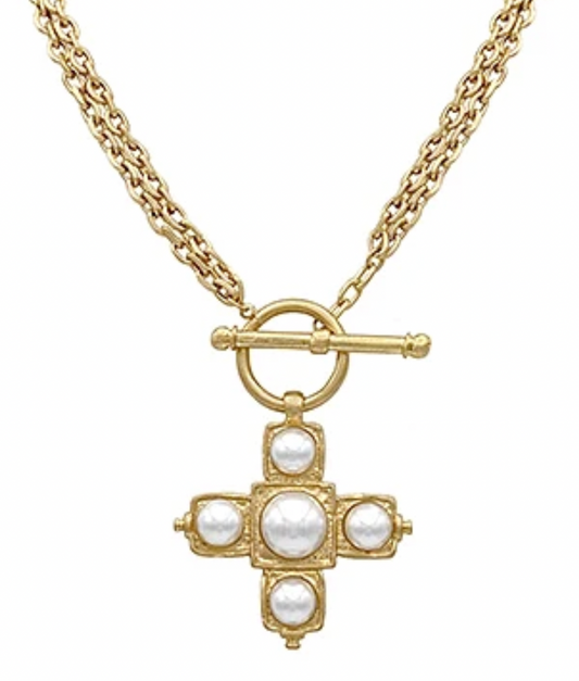 layered pearl cross necklace