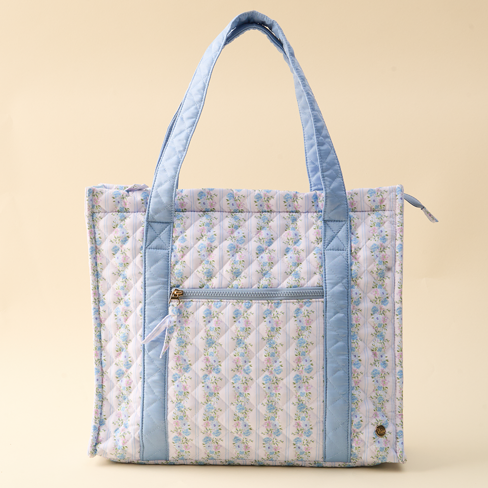 petal blue quilted tote bag
