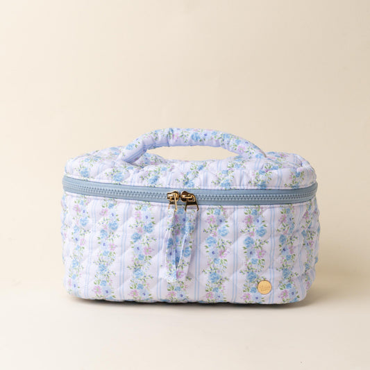 petal blue floral quilted makeup pouch