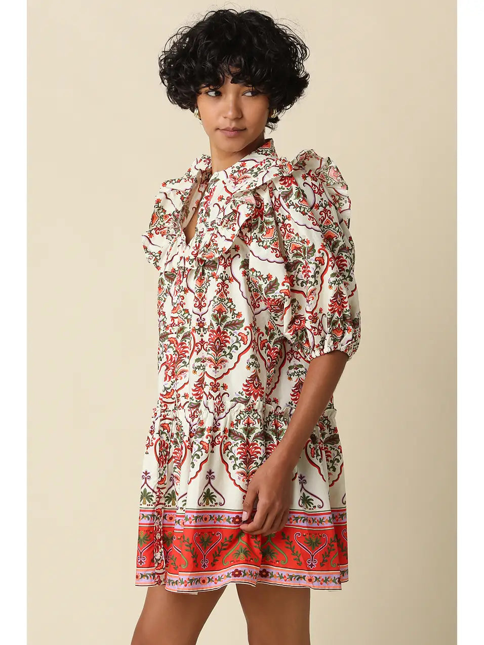 paisley ruffle mini dress