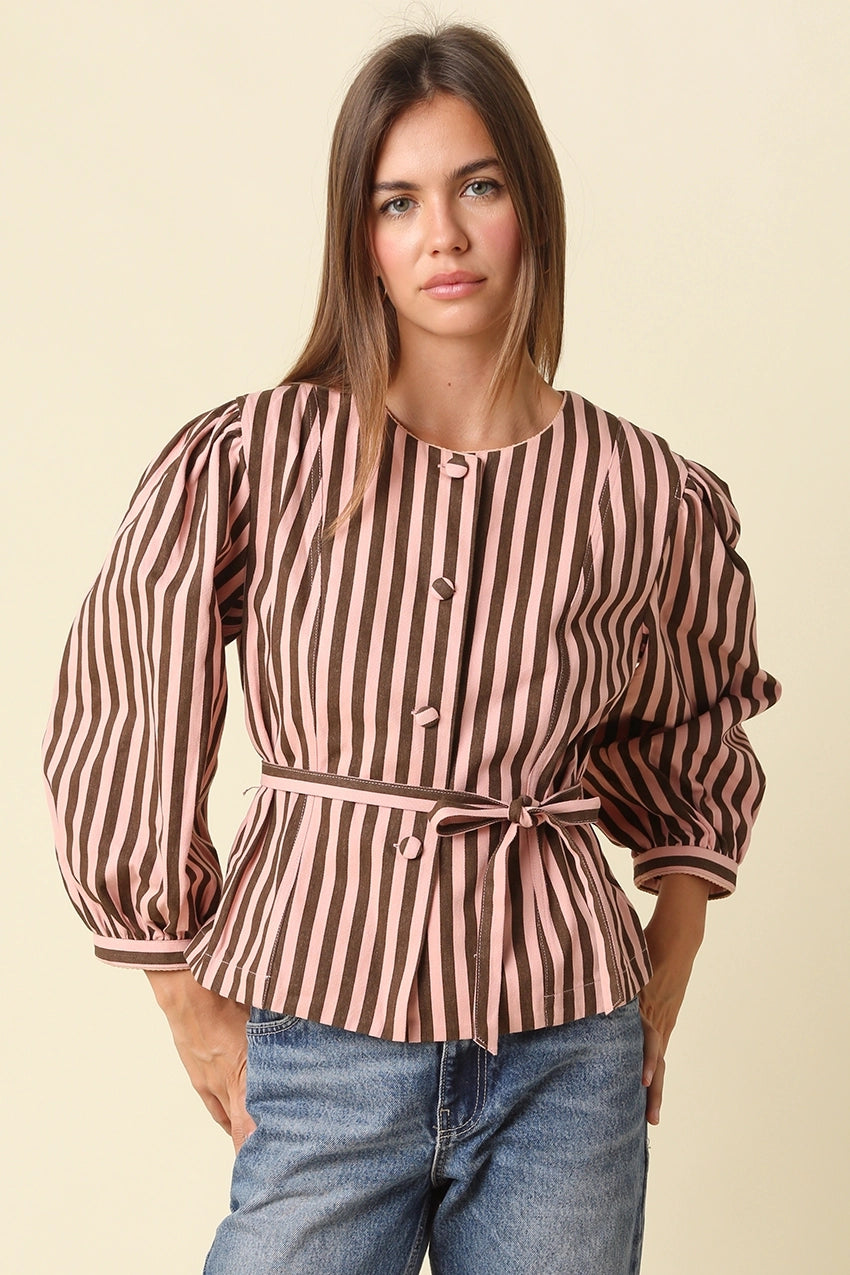 benica striped belted peplum blouse