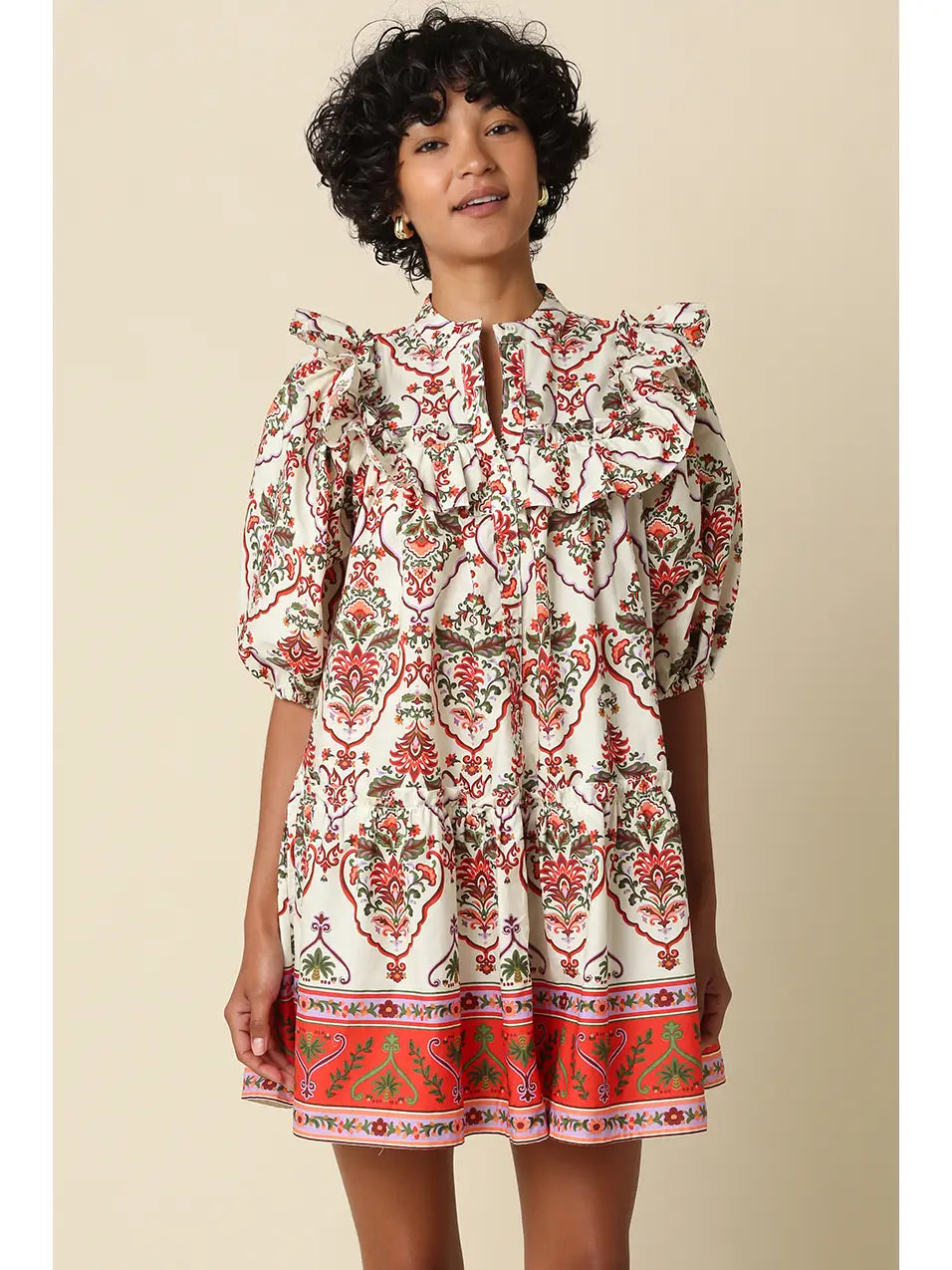 paisley ruffle mini dress