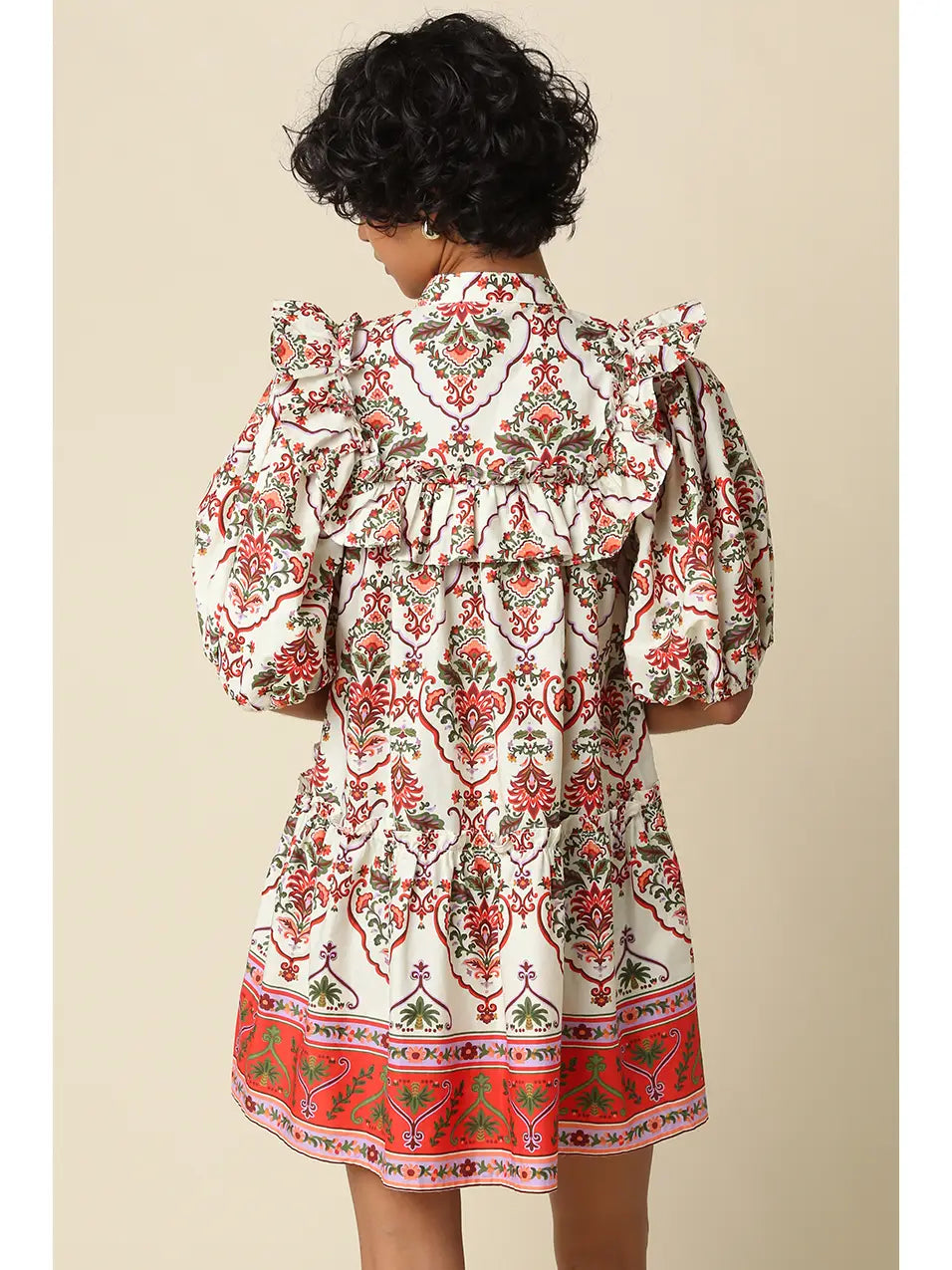 paisley ruffle mini dress