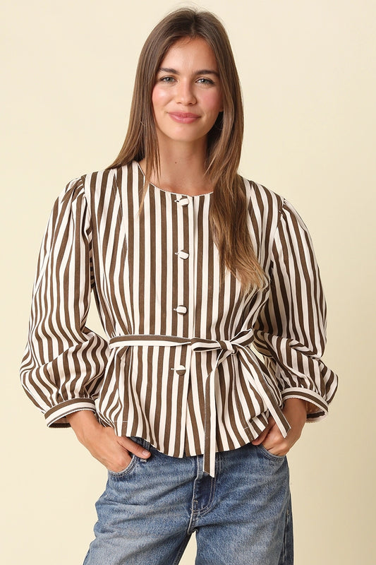 benica striped belted peplum blouse